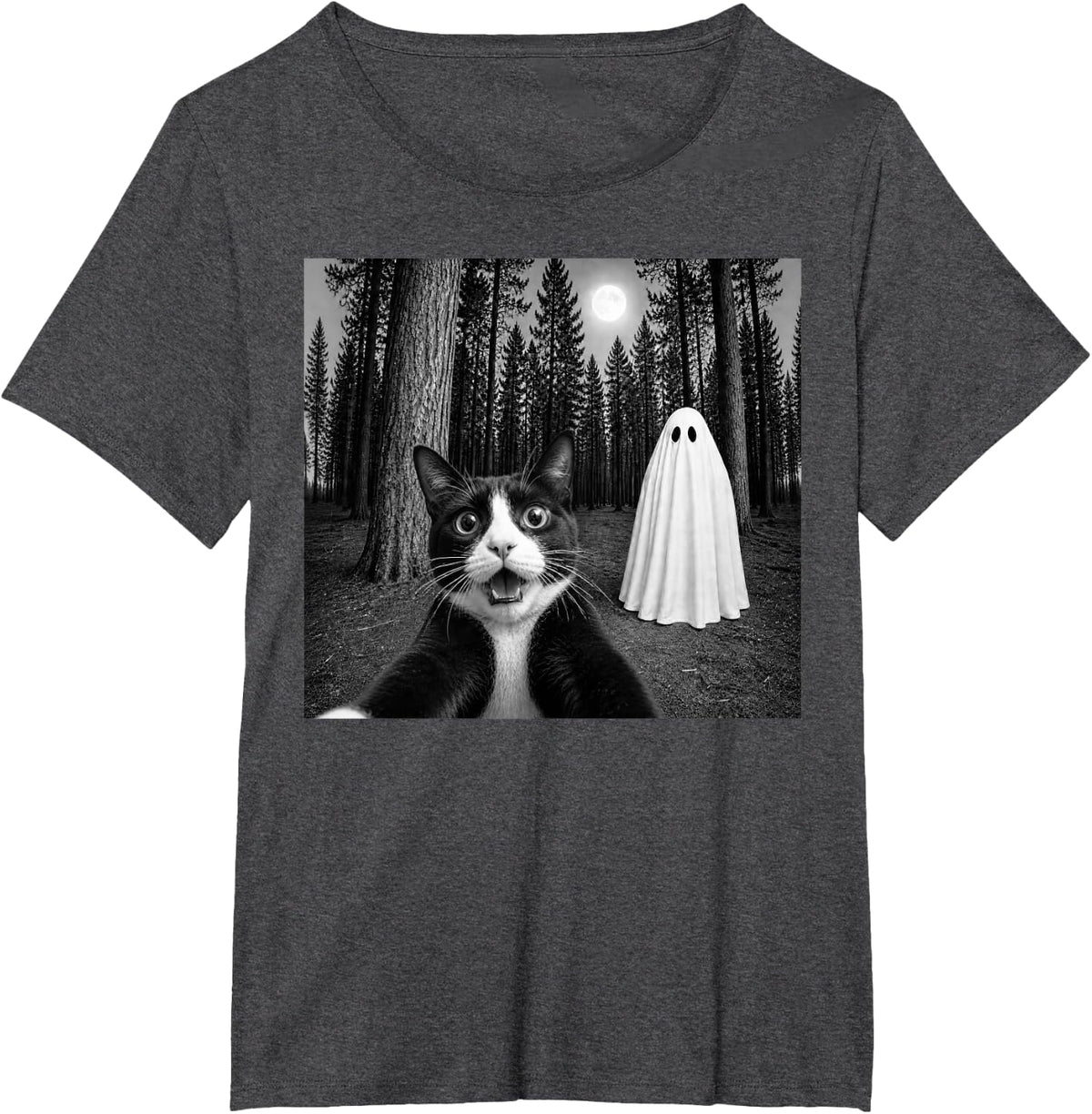 Spooky Tuxedo Cat Selfie with Ghost Halloween T-Shirt - Dark Heather Grey