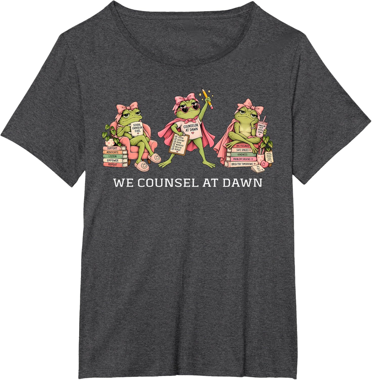 We Counsel at Dawn Funny Frog School Counselor Coquette Bow T-Shirt - Dark Heather Grey