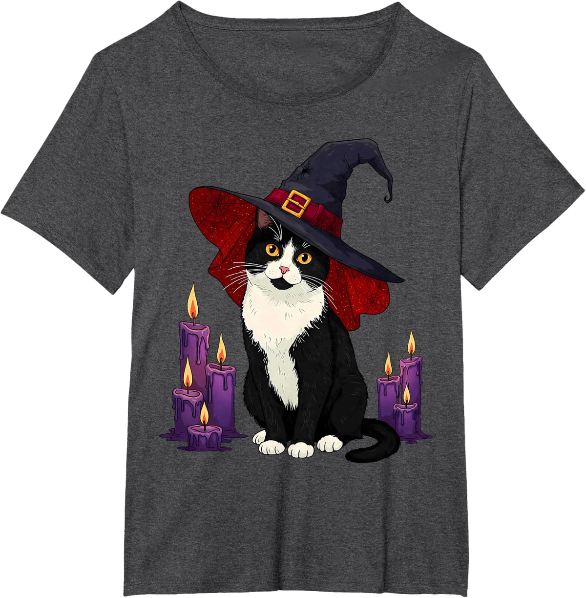 Cute Tuxedo Witch Cat with Purple Candles for Men Women Kids T-Shirt - Dark Heather Grey