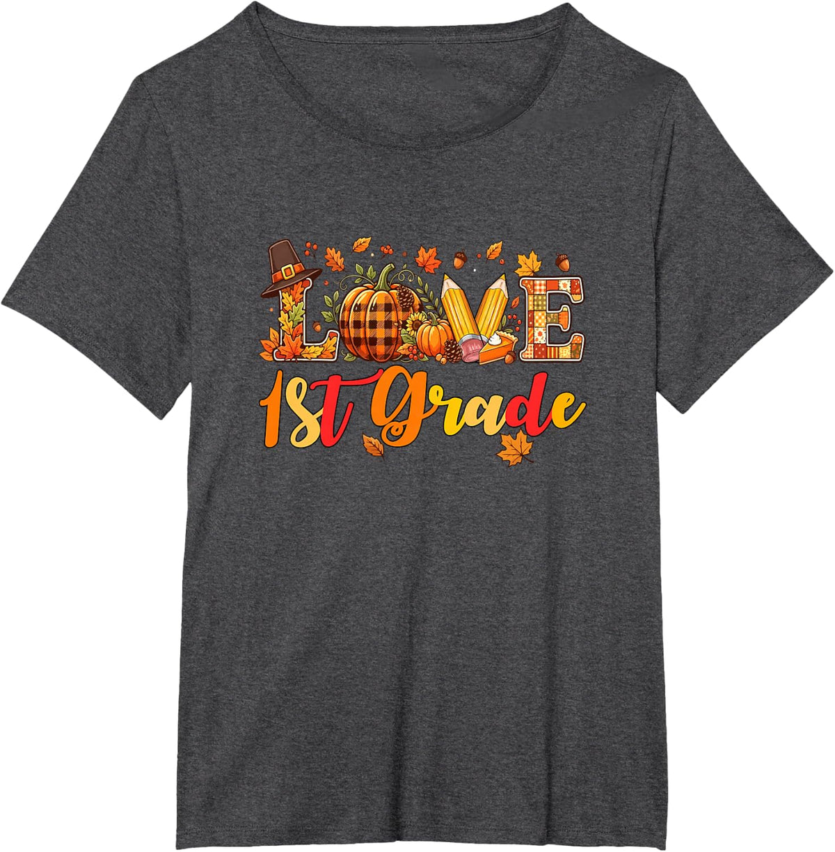 Love 1st Grade Thanksgiving Fall Leaves Pumpkins Students T-Shirt - Dark Heather Grey