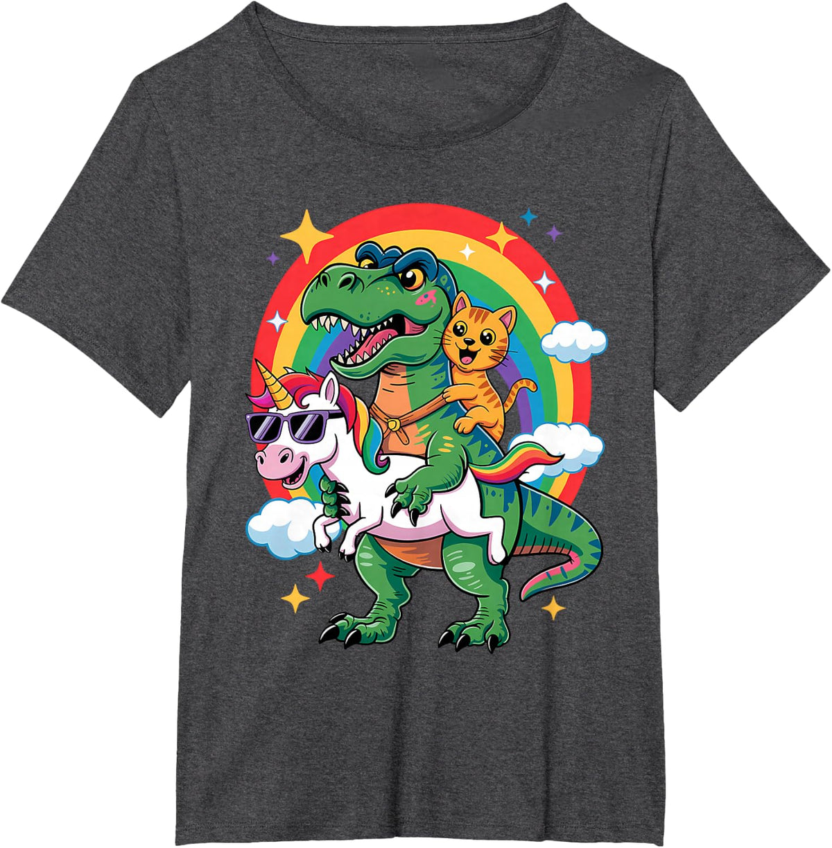 Cute Animal Unicorn Cat Riding Dinosaur Rainbow Space Galaxy T-Shirt Tee for Kids Adults - Dark Heather Grey