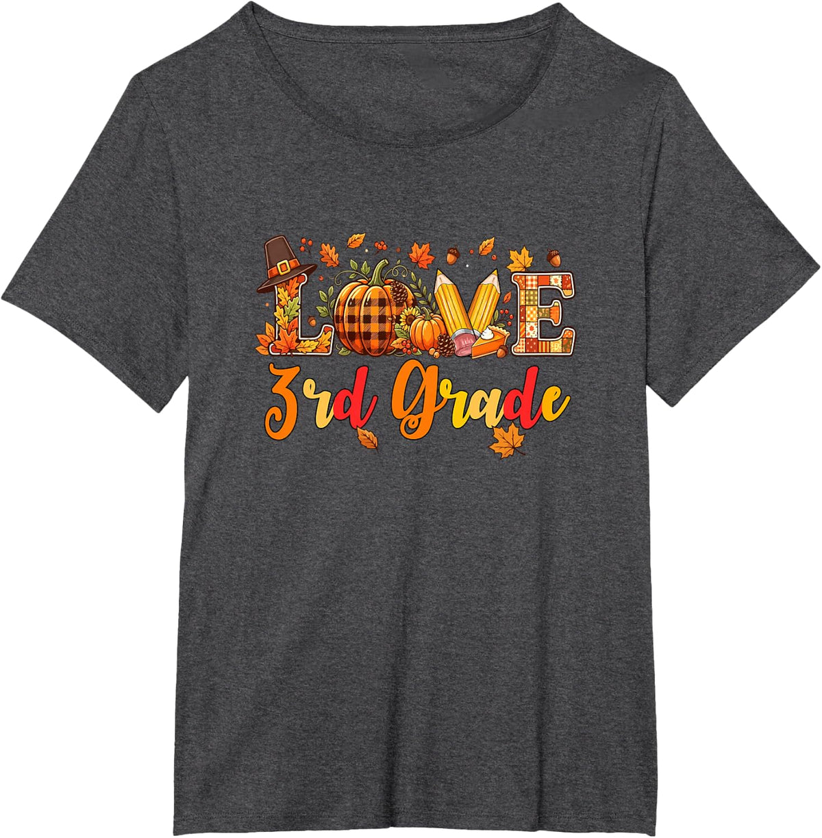 Love 3rd Grade Thanksgiving Fall Leaves Pumpkins Students T-Shirt - Dark Heather Grey