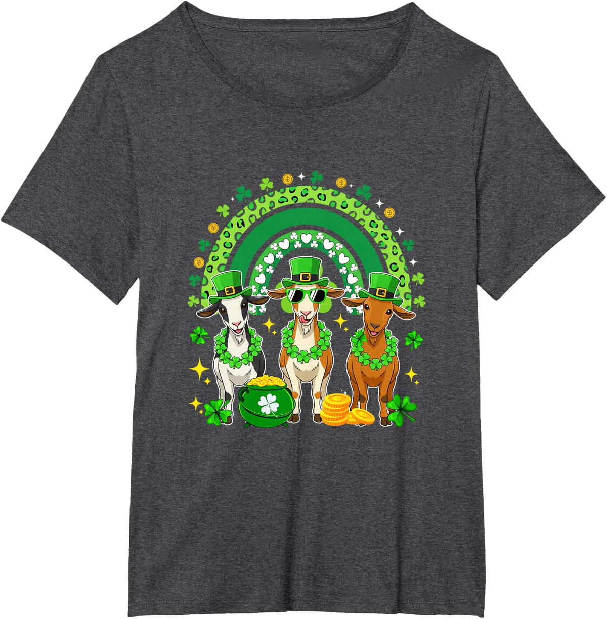 Three Cute Goats St. Patrick's Day Shamrocks Rainbow T-Shirt - Dark Heather Grey