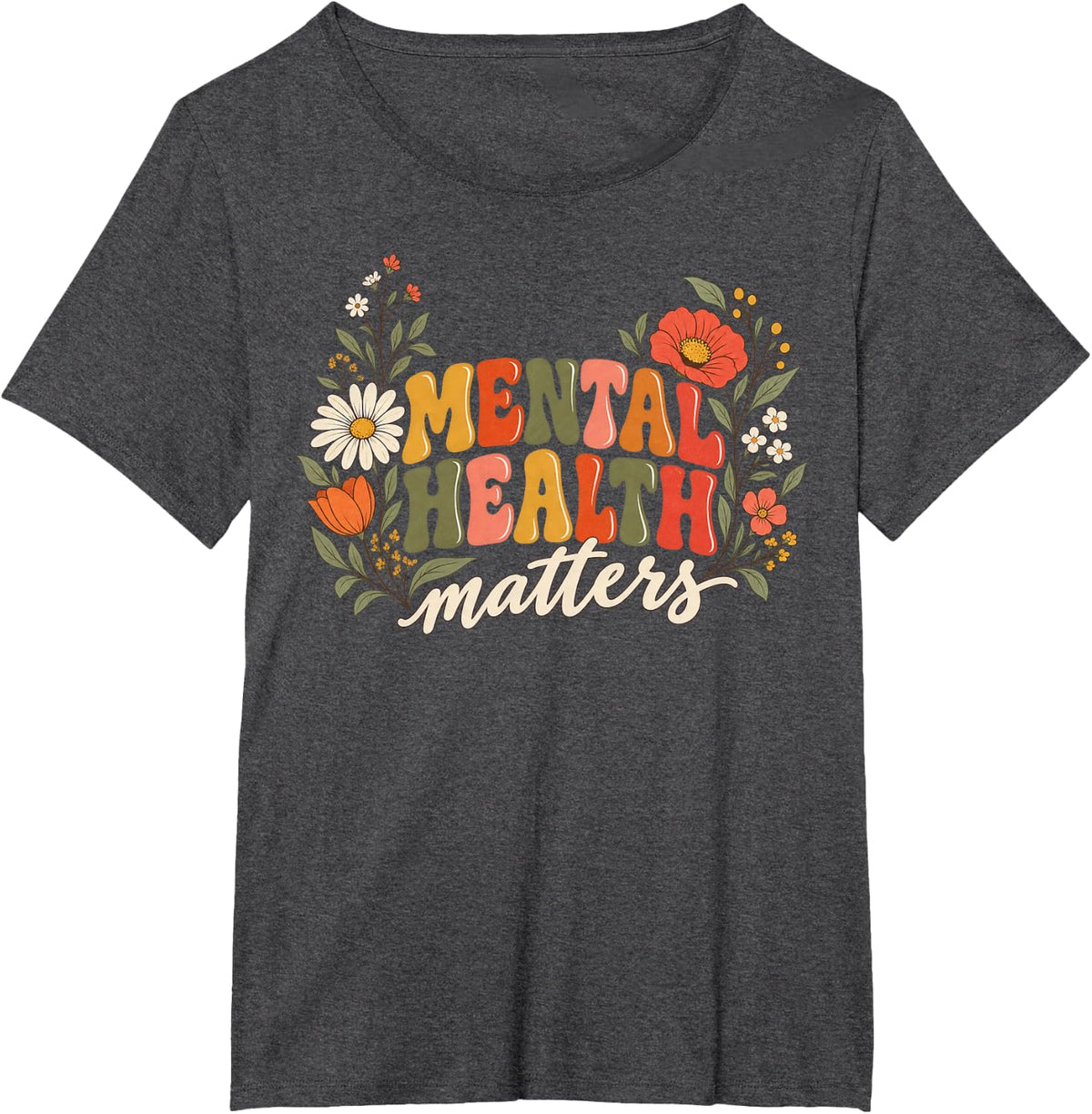Mental Health Matters Retro Wildflower Botanical T-Shirt - Dark Heather Grey