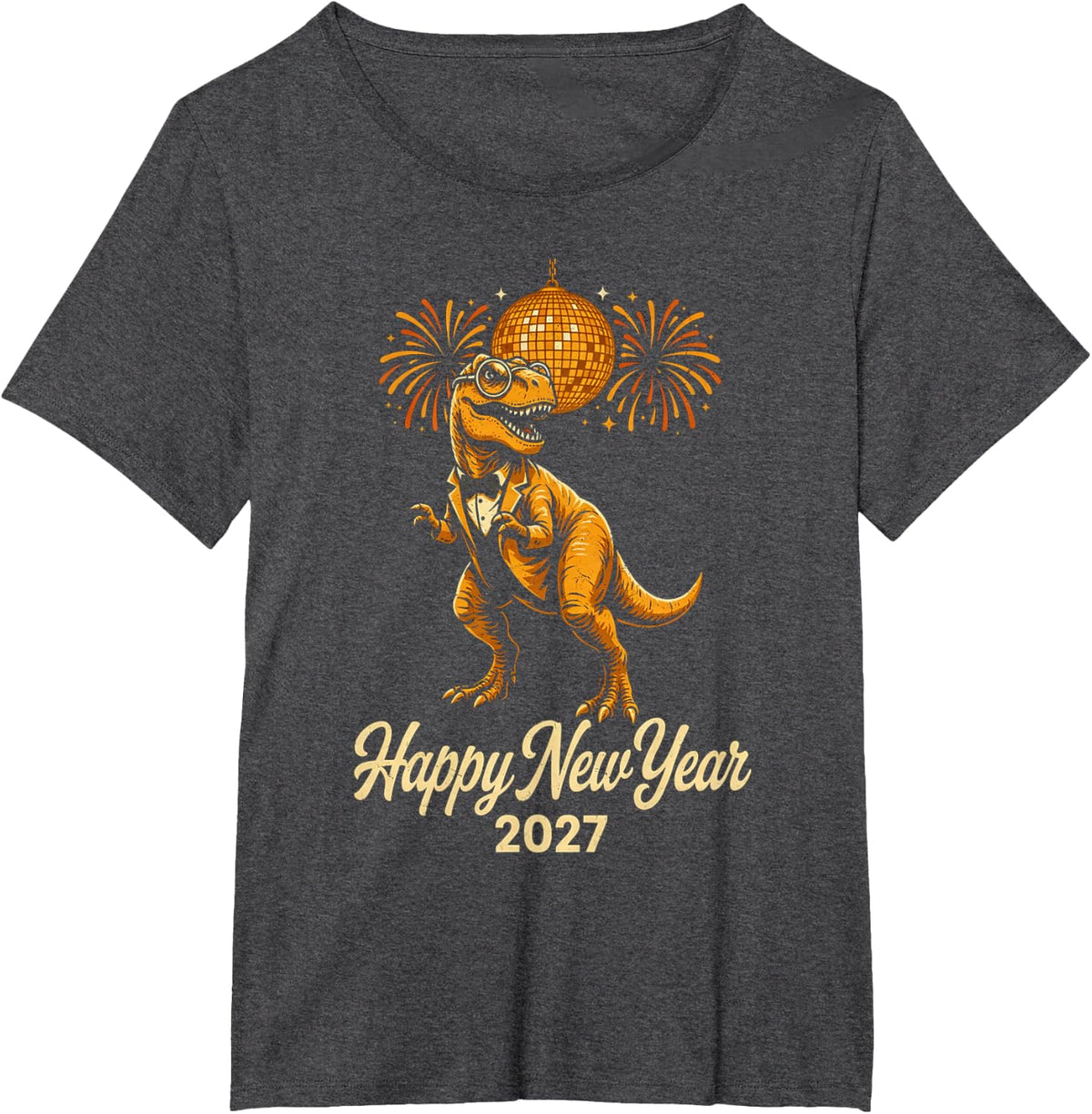 Funny Dinosaur Happy New Year 2027 Retro Party T-Shirt - Dark Heather Grey