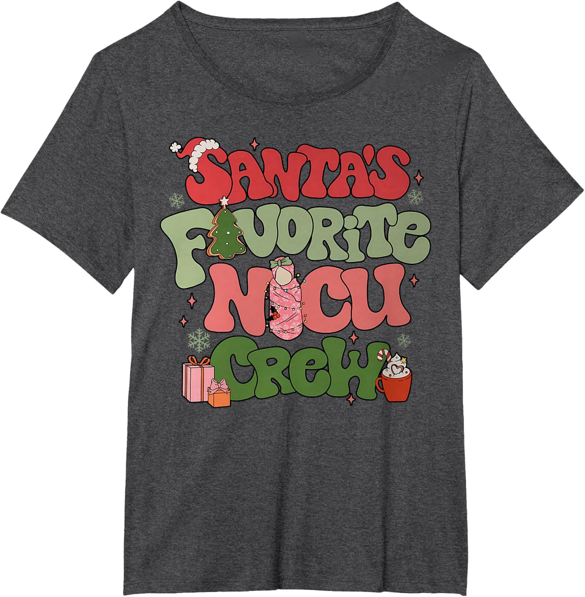 Retro Groovy Santa's favorite Nicu Crew Nurse Neonatal ICU T-Shirt - Dark Heather Grey