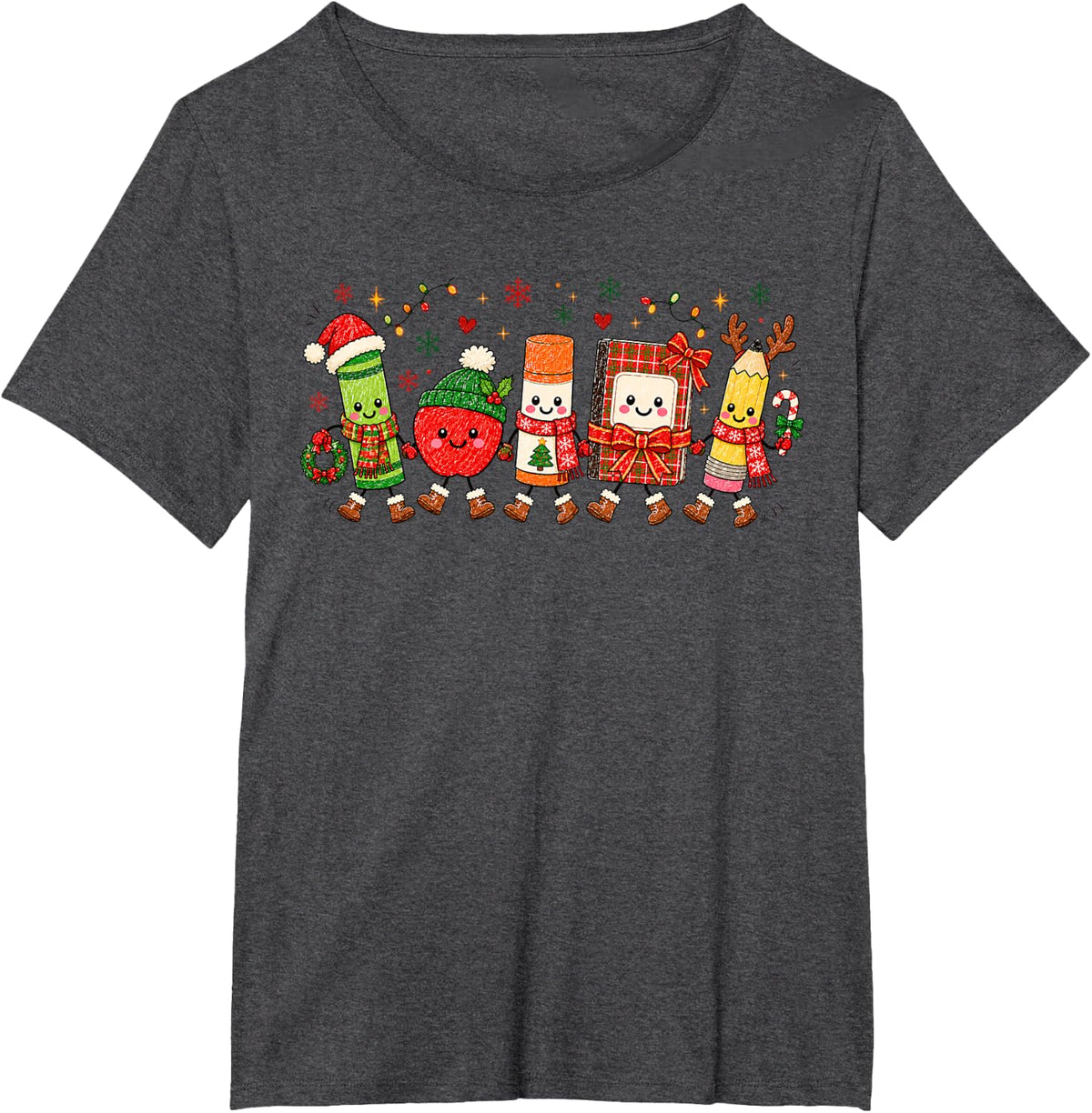 Cute Christmas School Supplies Crayons Pencils Teacher Xmas T-Shirt - Dark Heather Grey