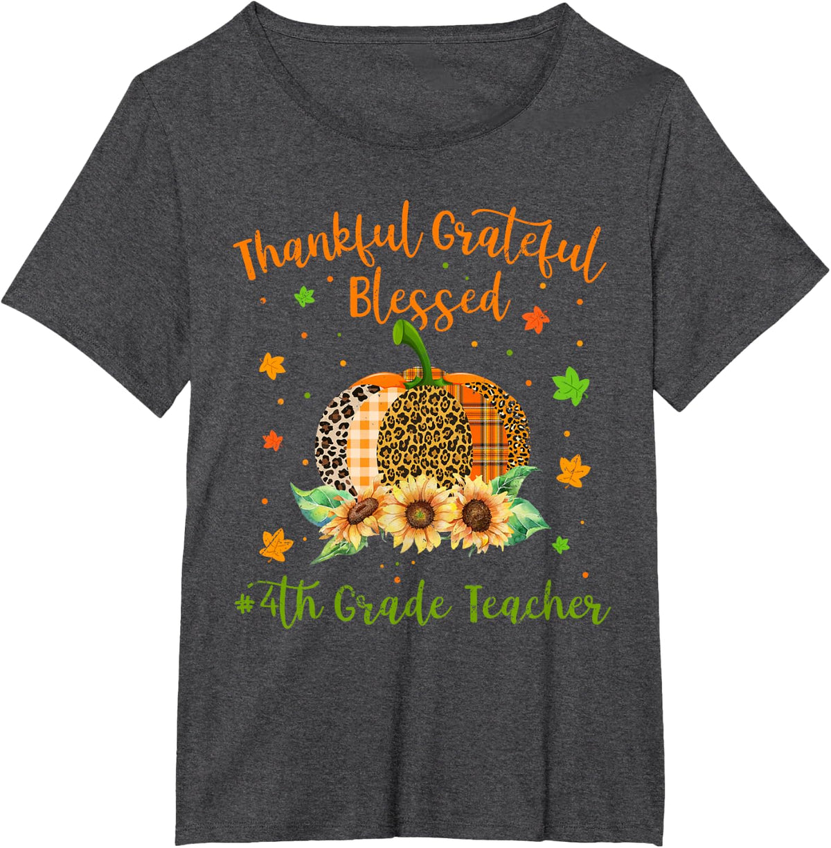 Thankful 4th Grade Teacher Pumpkin Sunflower Thanksgiving T-Shirt - Dark Heather Grey