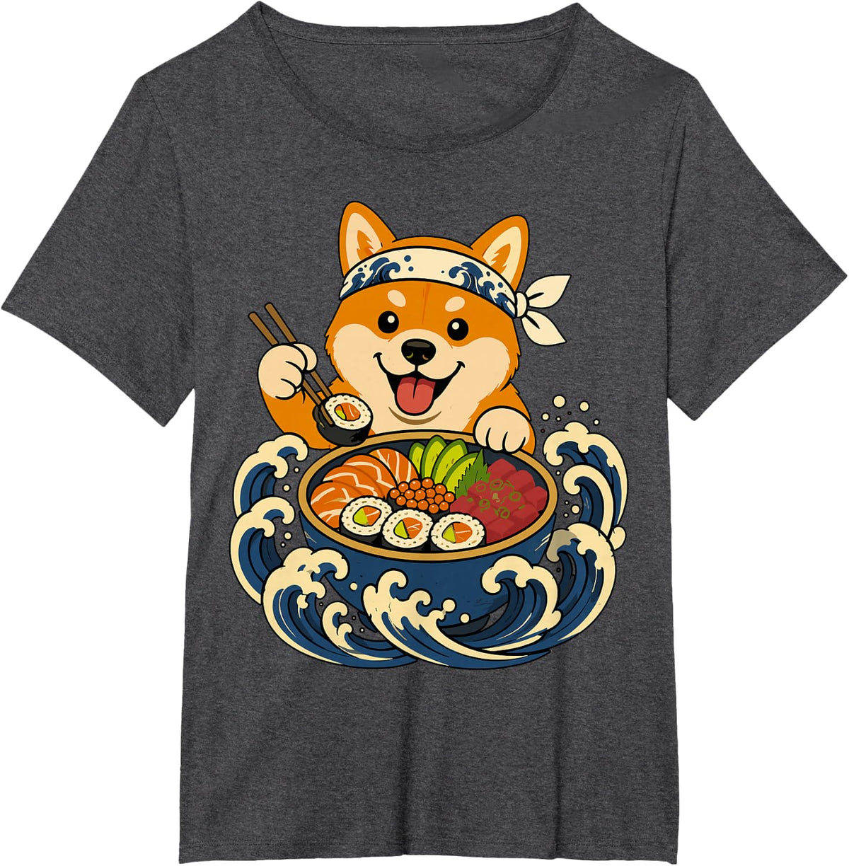 Shiba Inu Eating Sushi Japanese Wave T-Shirt - Dark Heather Grey