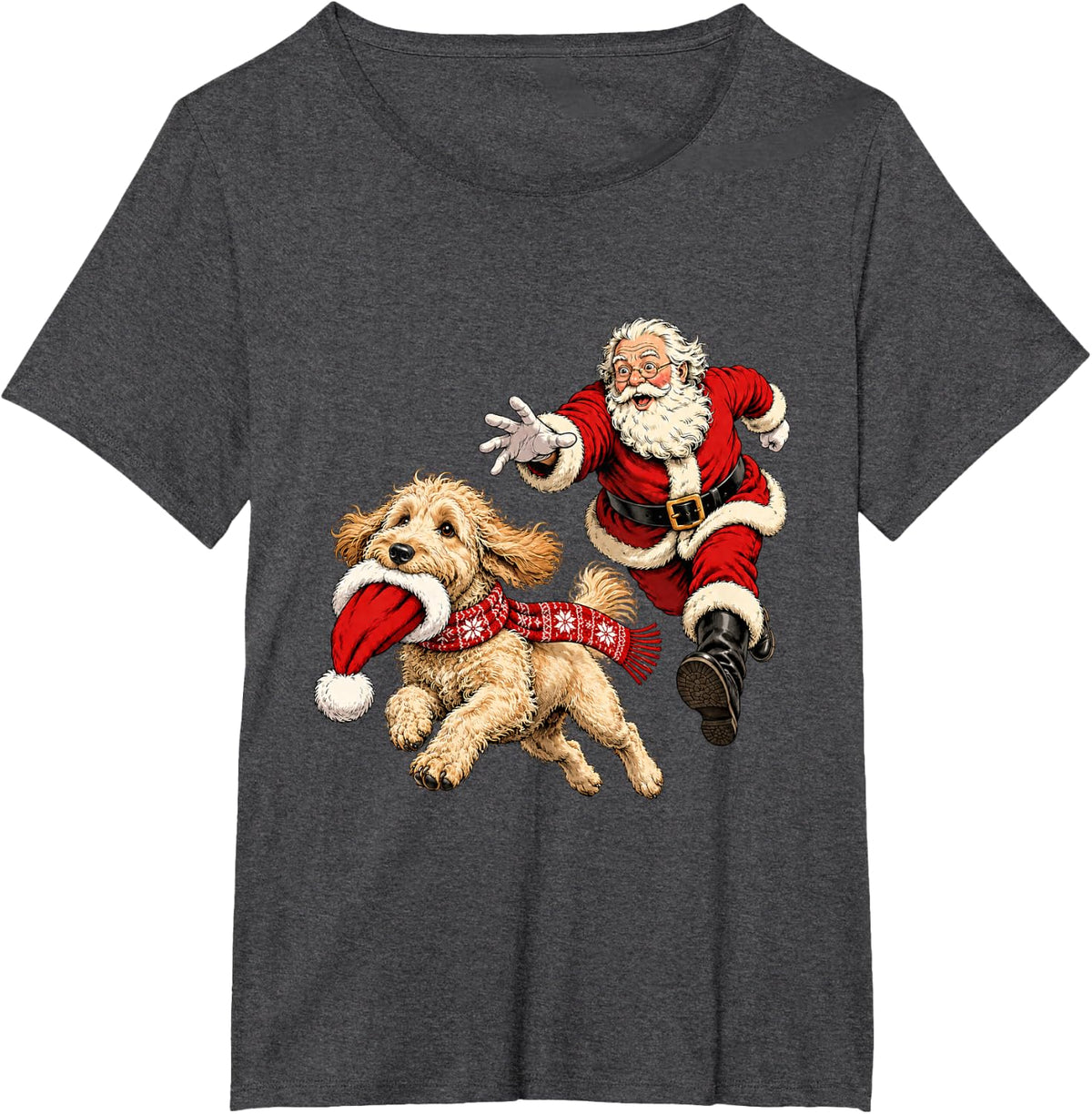 Funny Santa Chasing Labradoodle Christmas Dog Mom Pet T-Shirt - Dark Heather Grey