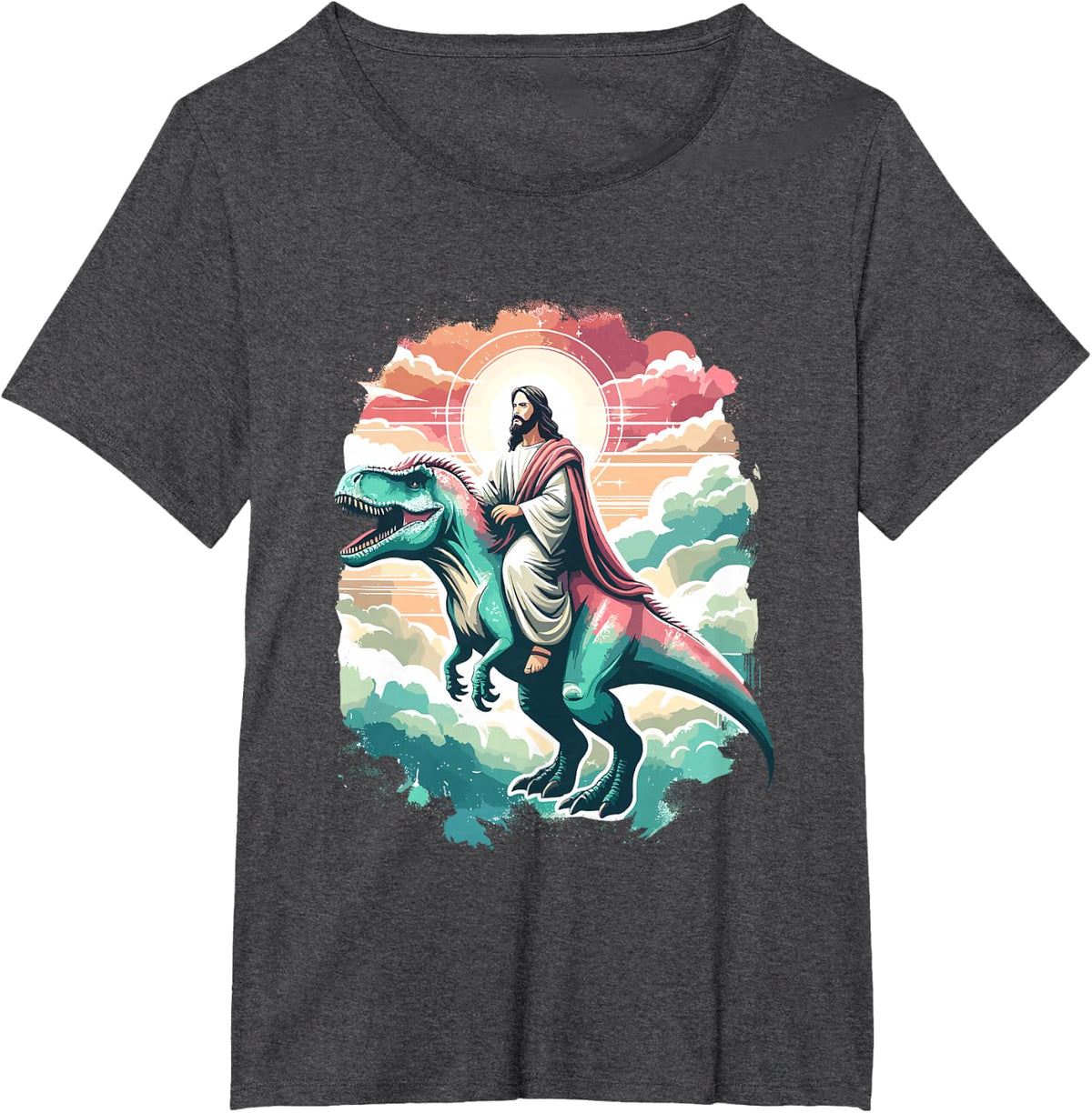 Funny Jesus Riding T-Rex Dinosaur Meme Parody for Believers T-Shirt - Dark Heather Grey