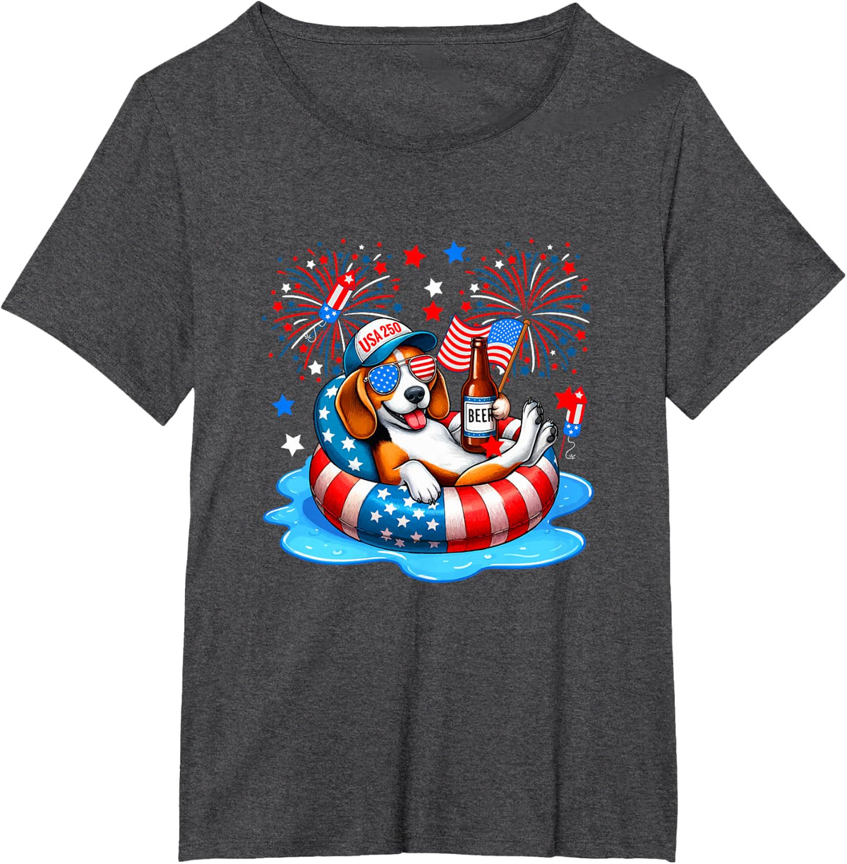 Beagle Sunglasses Drinking Beer 4th July US Flag Patriotic T-Shirt - Dark Heather Grey