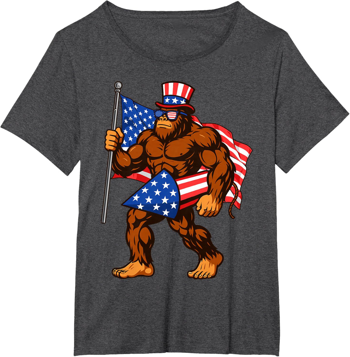 Bigfoot Firework American Flag Sasquatch 4th of July Bigfoot T-Shirt - Dark Heather Grey