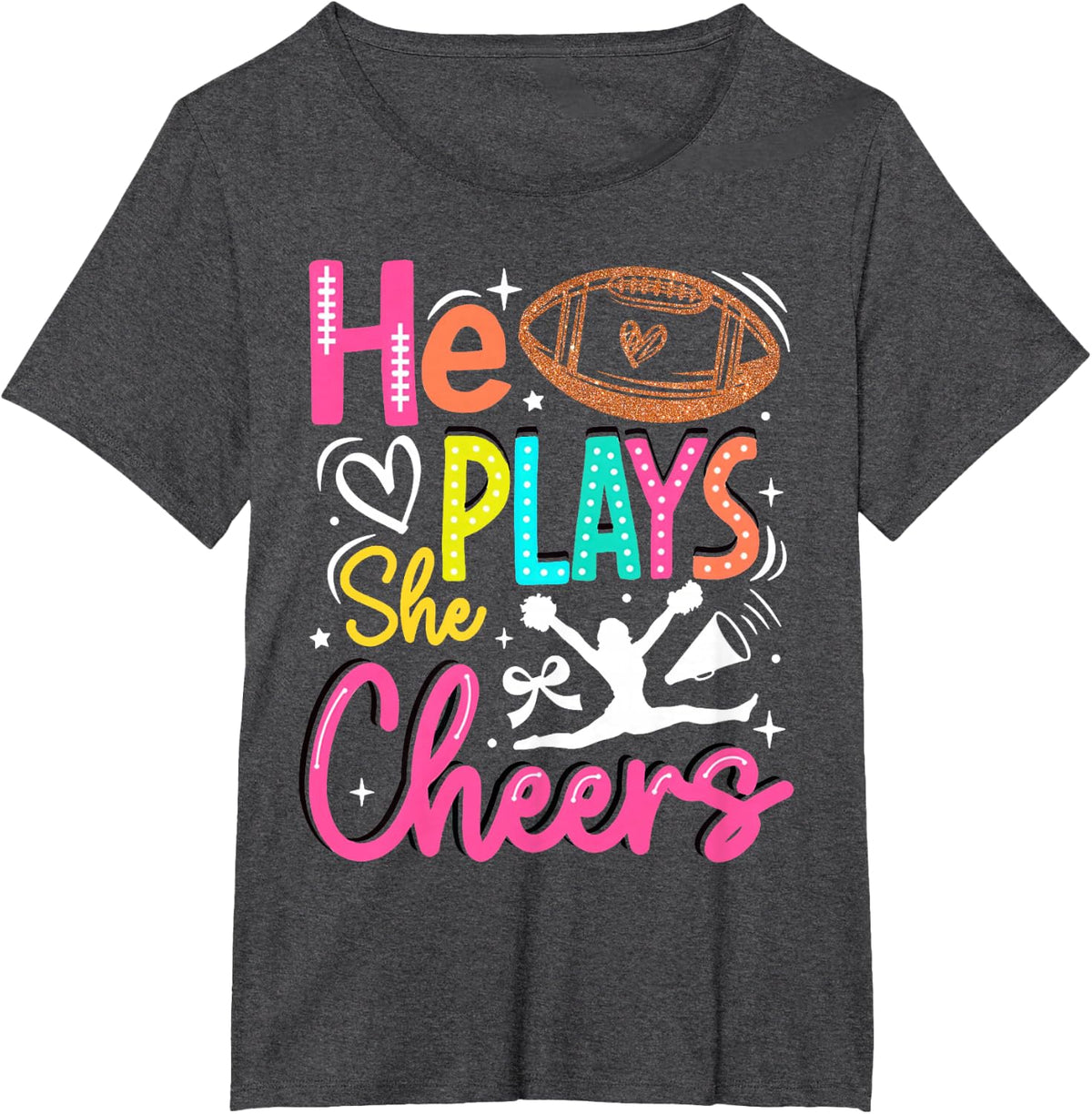 He Plays She Cheers Funny Football Son Cheerleader Daughter T-Shirt - Dark Heather Grey