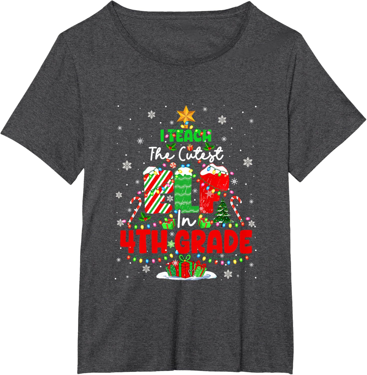 I Teach The Cutest Elf in 4th Grade Christmas Tree Teacher T-Shirt - Dark Heather Grey