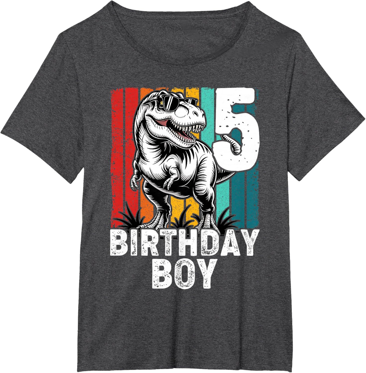 Kids 5 Year Old 5th Birthday Boy T Rex Dinosaur T-Shirt - Dark Heather Grey