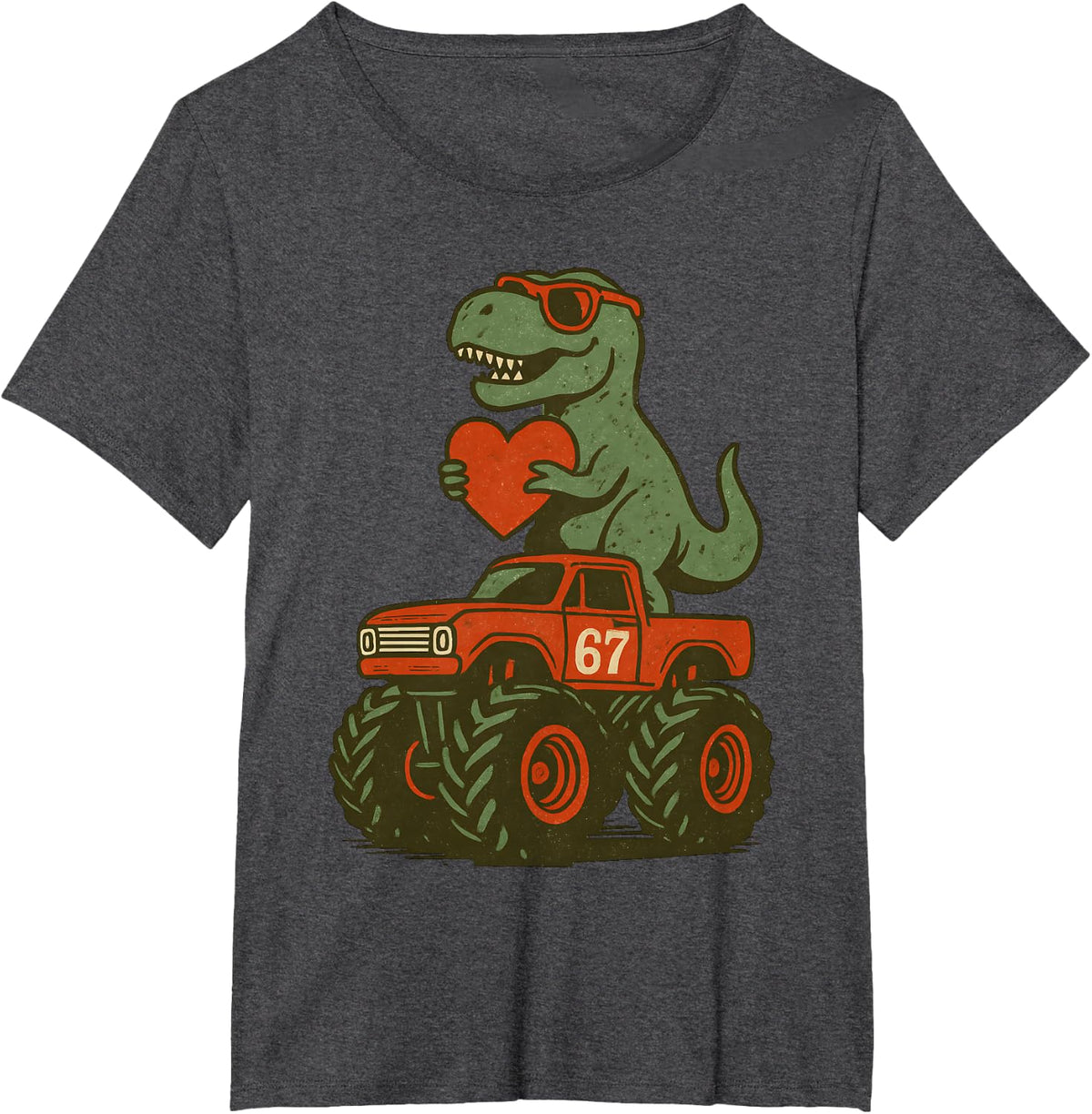 Valentines Day Trex 67 Meme Dinosaur 6 7 Dino Riding Truck T-Shirt - Dark Heather Grey