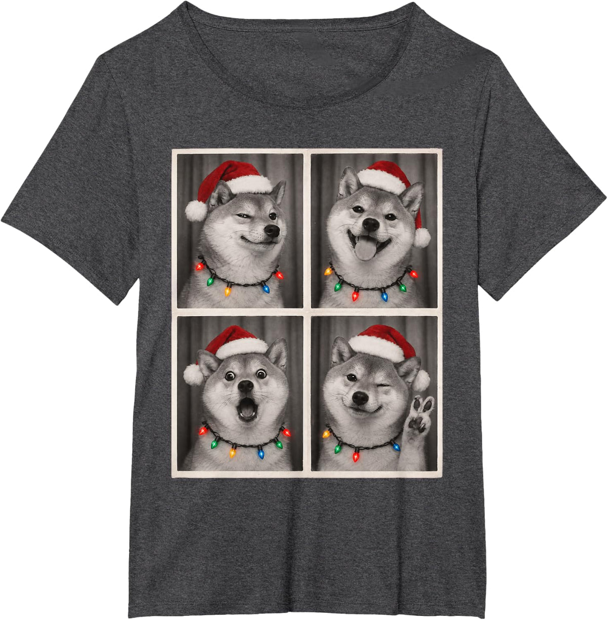 Christmas Photo Booth Selfie Funny Shiba Inu T-Shirt - Dark Heather Grey