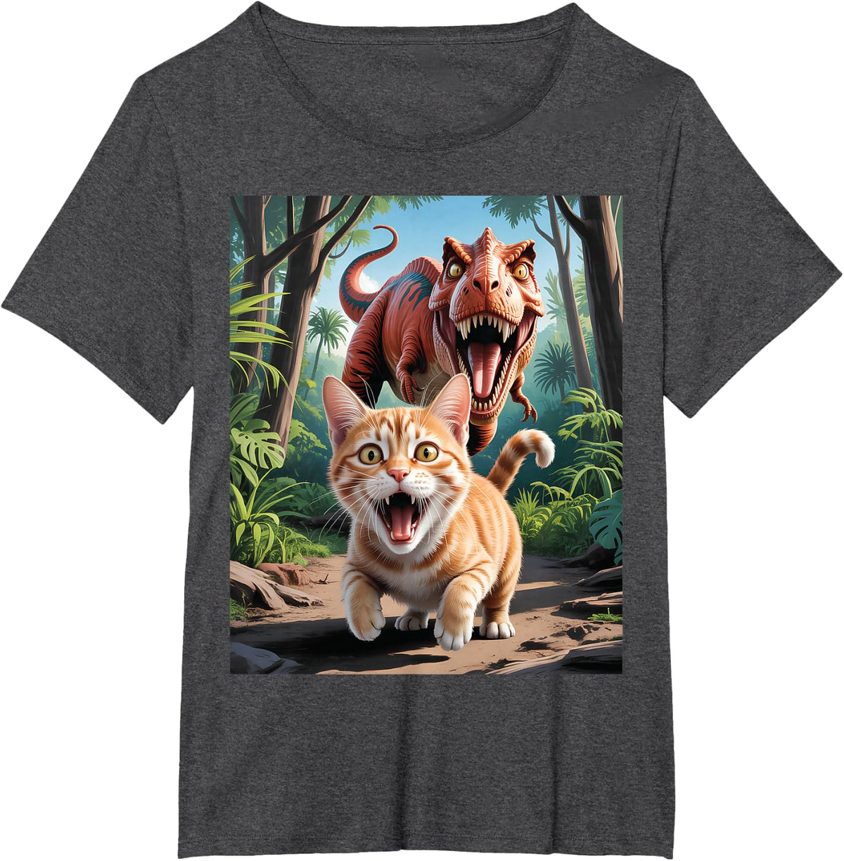 Funny Cat Selfie with Trex Dinosaur T-Shirt - Dark Heather Grey