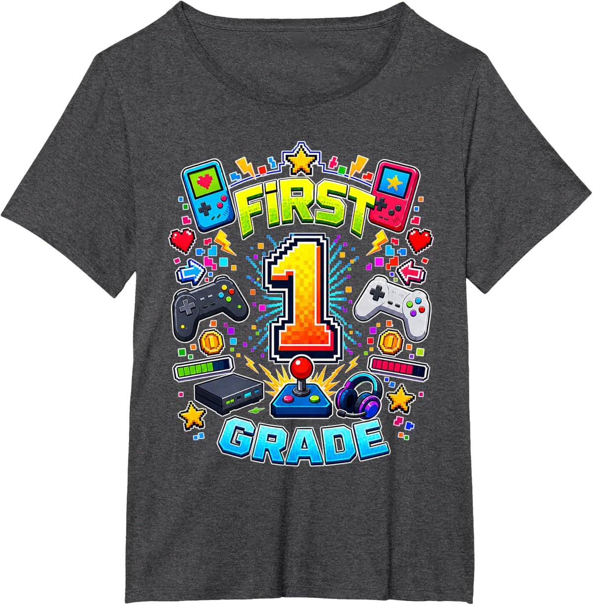 Colorful First Grade Gamer T-Shirt - Dark Heather Grey