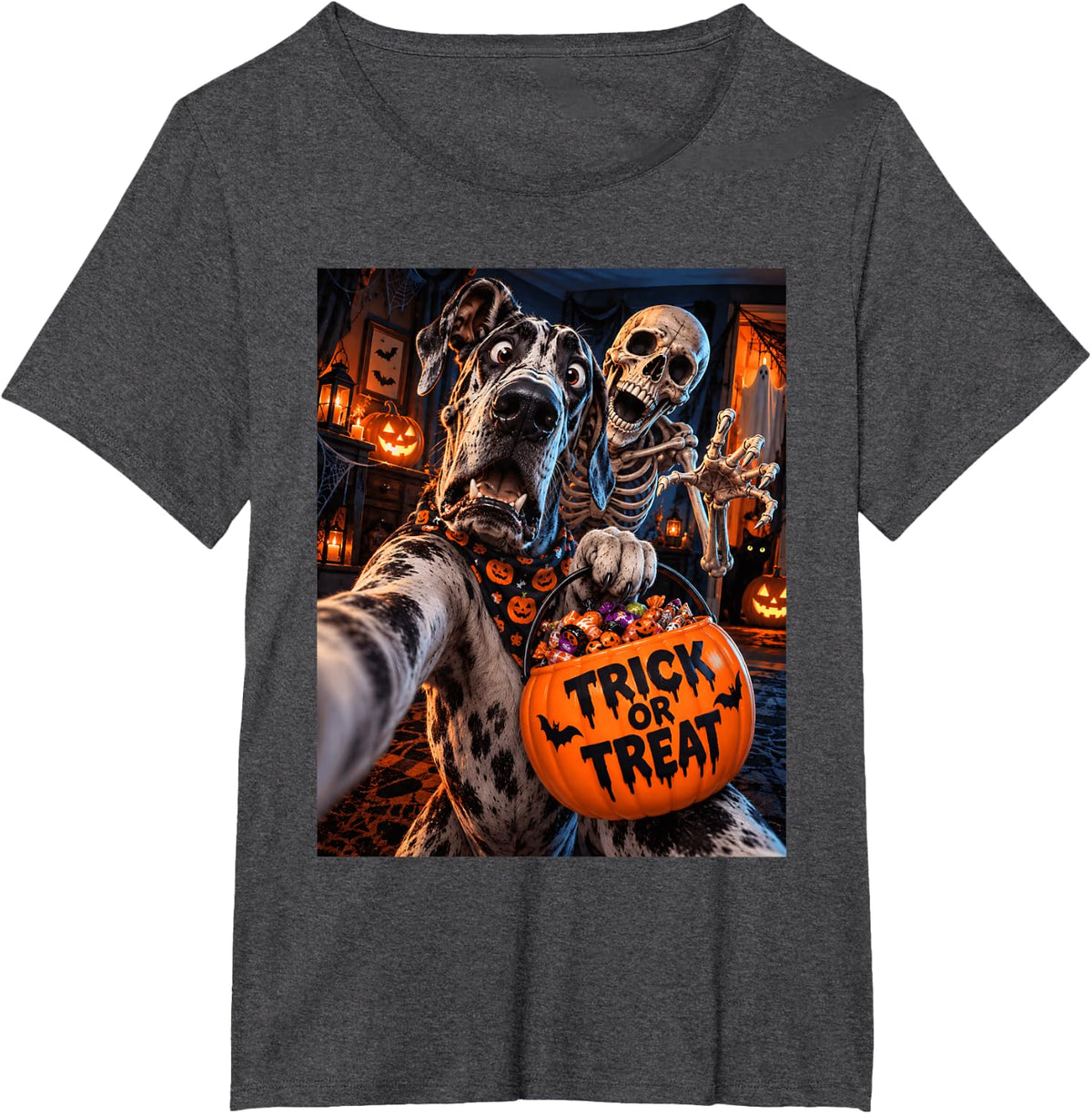 Trick Or Treat Halloween Great Dane Scary Skeleton Selfie T-Shirt - Dark Heather Grey