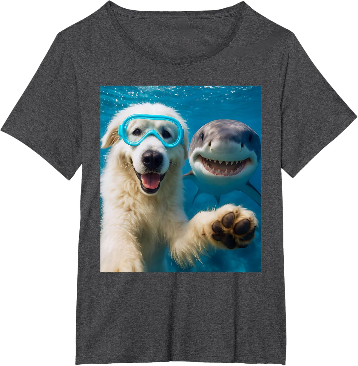 Funny Great Pyrenees Dog Selfie With Shark Ocean Lovers T-Shirt Tee For Dog Lover - Dark Heather Grey
