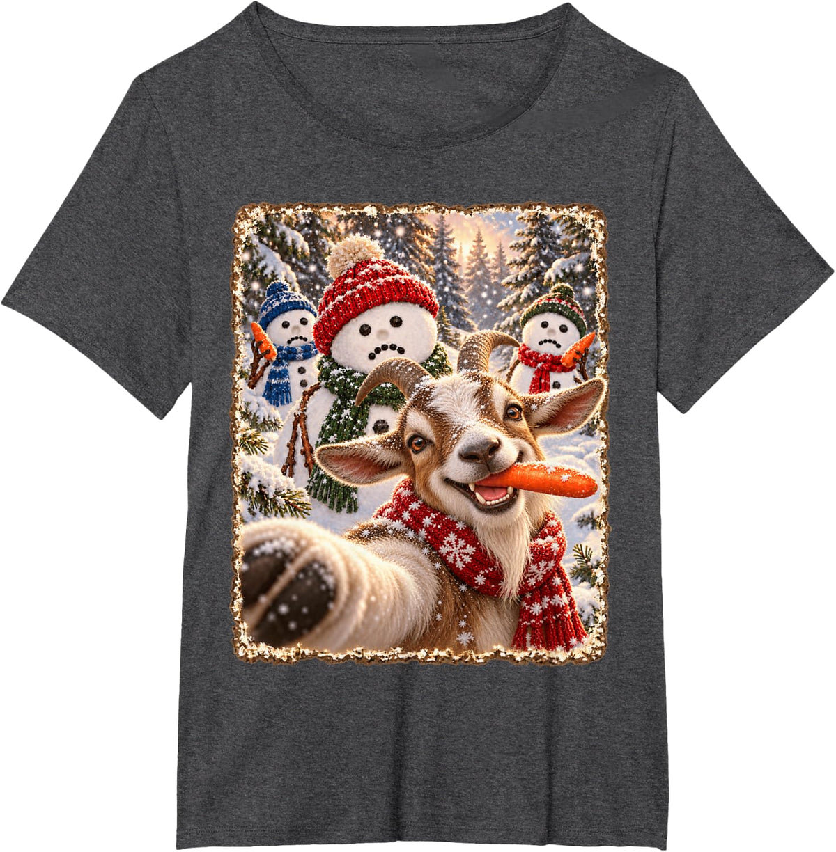 Funny Goat Silly Christmas Snowman Selfie T-Shirt - Dark Heather Grey