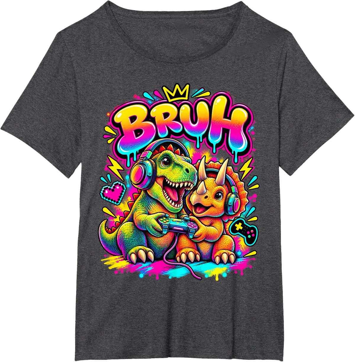 Bruh Dinosaurs Funny Video Games Boys Animal Lover T-Shirt - Dark Heather Grey