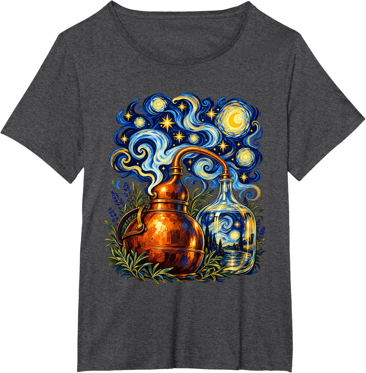 Starry Night Van Gogh Home Brewing Copper Kettle Beer Maker T-Shirt - Dark Heather Grey