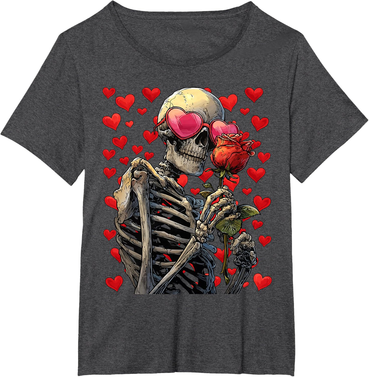 Skeleton with Heart Glasses Rose Gothic Valentine's Day Goth T-Shirt - Dark Heather Grey