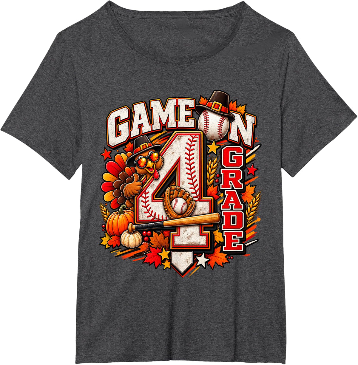 Autumn School Funny Turkey 4th Grade Baseball Thanksgiving T-Shirt - Dark Heather Grey