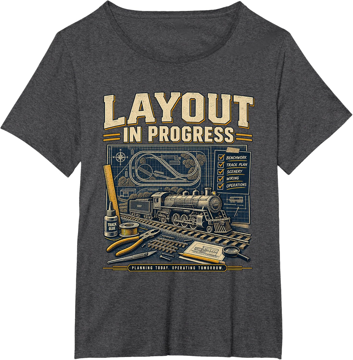 Model Train Hobby Layout in Progress Railroad T-Shirt - Dark Heather Grey