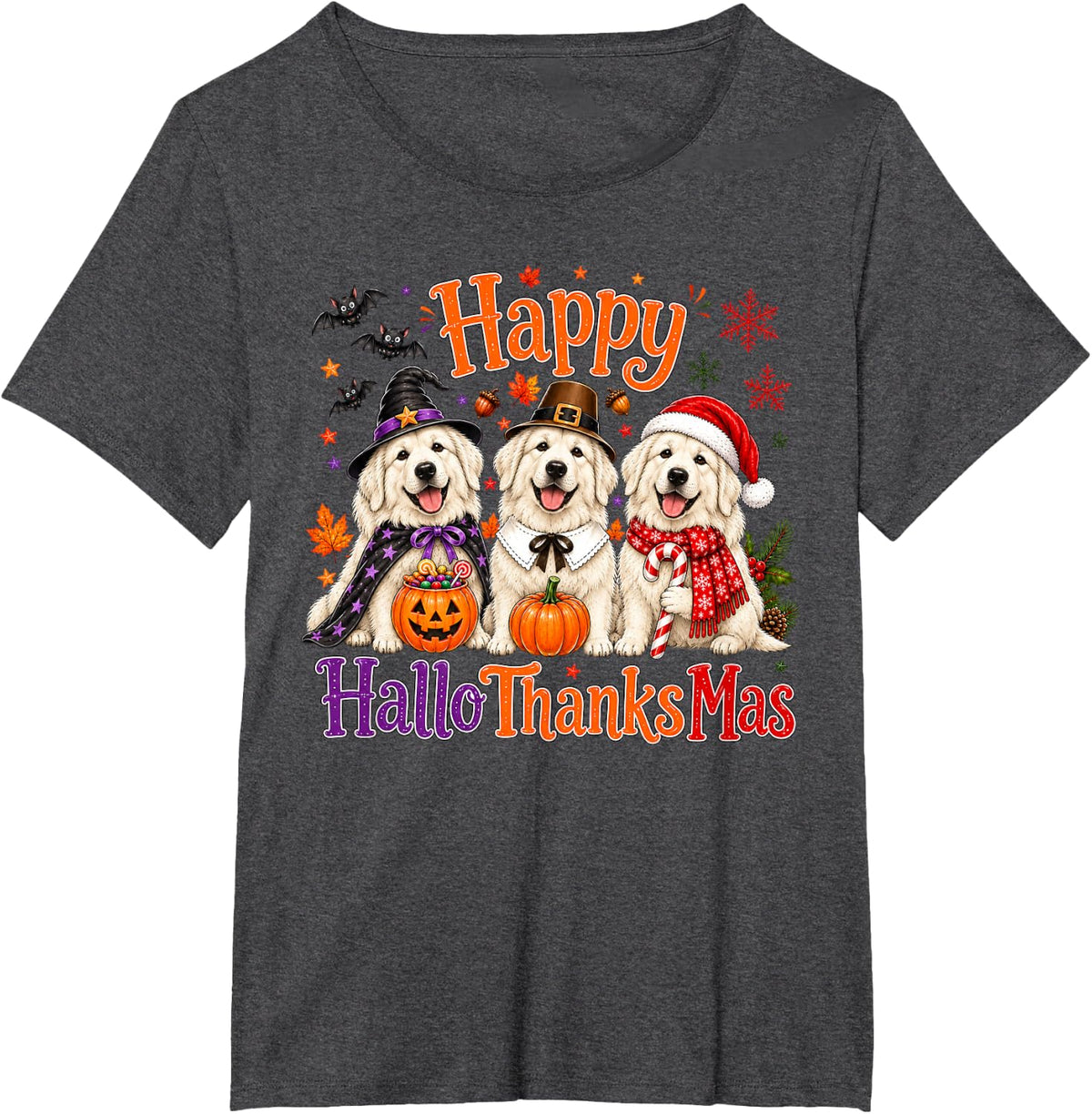 Great Pyrenees Happy Hallothanksmas Halloween Thanksgiving T-Shirt - Dark Heather Grey