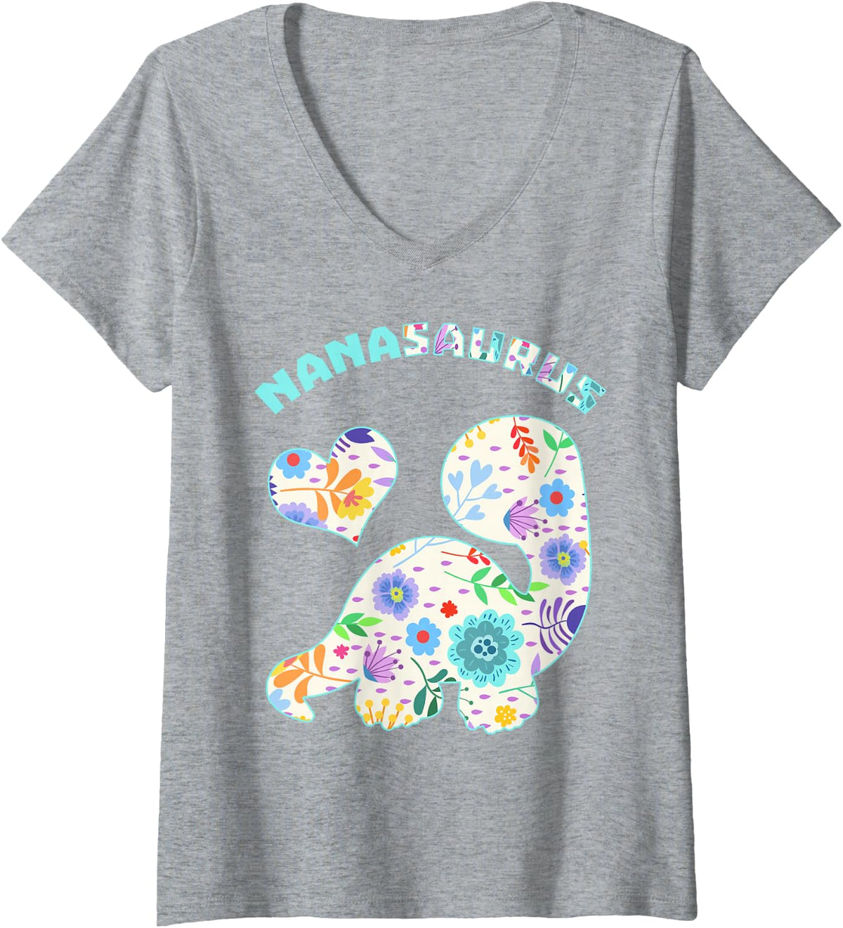 Women's Nanasaurus Dinosaur Family Relationship Dino Floral V-Neck T-Shirt - Heather Grey