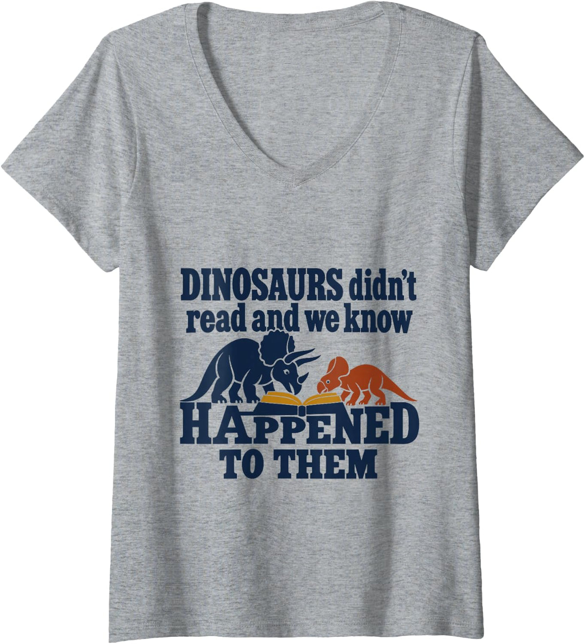 Women's Dinosaur Reading Triceratops Prehistoric Bookworm Humor V-Neck T-Shirt - Heather Grey