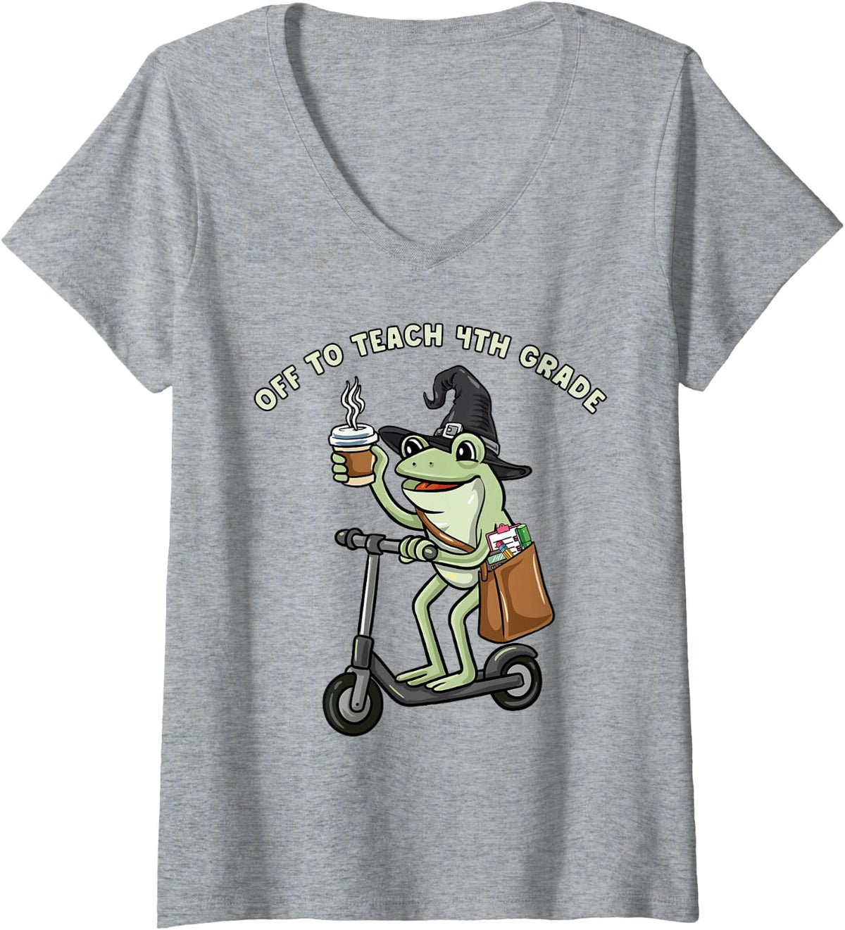 Women's Funny Frog Teacher Off to Teach 4th Grade Student Meme V-Neck T-Shirt - Heather Grey