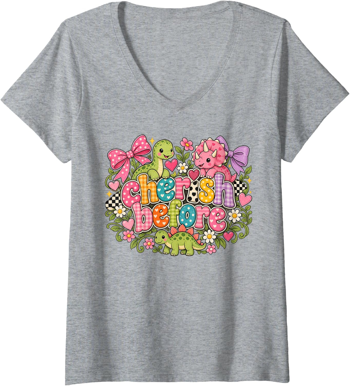 Women's Cute Dinosaur Lover Pastel Dino Hearts V-Neck T-Shirt - Heather Grey