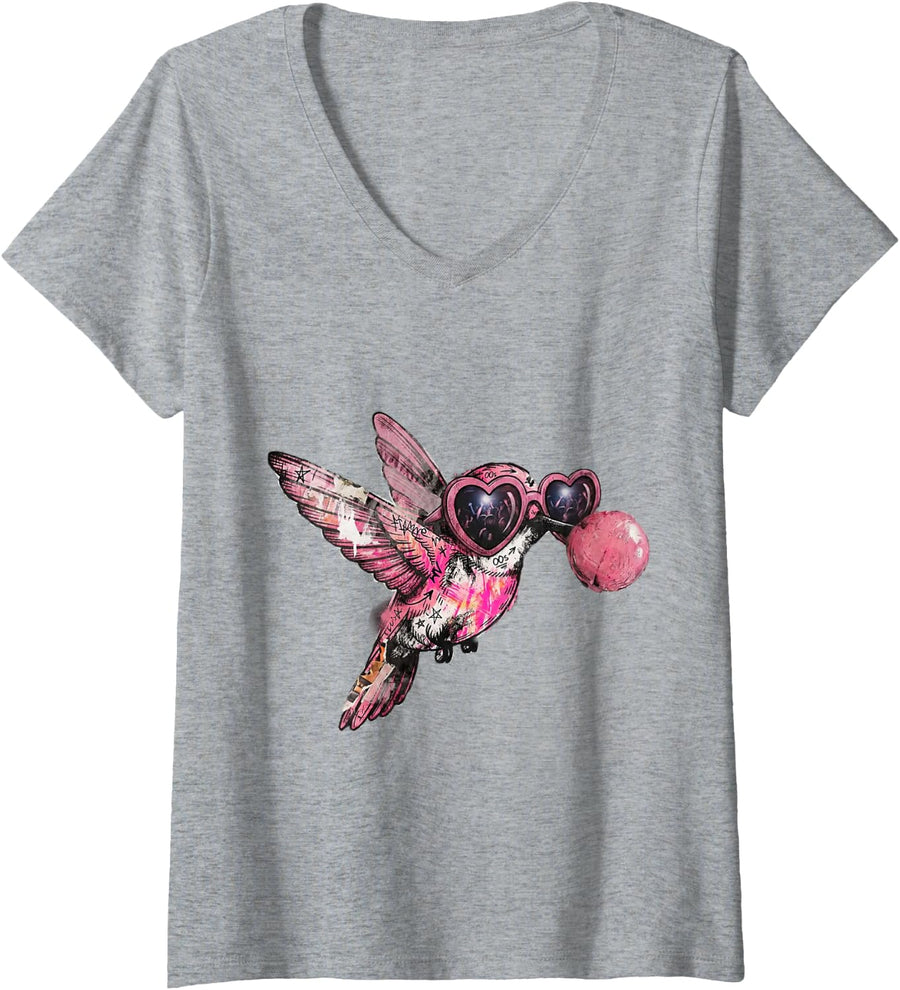 Women's Hummingbird Bubblegum Indie Sleaze Vintage Graphic V-Neck T-Shirt - Heather Grey