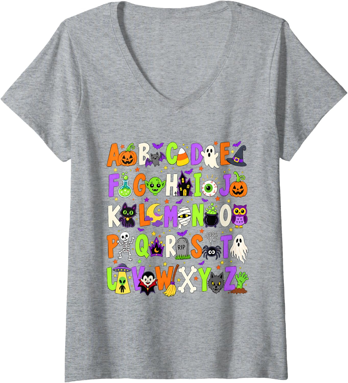 Women's ABCs Learning Kindergarten Teacher Funny Halloween Alphabet V-Neck T-Shirt - Heather Grey