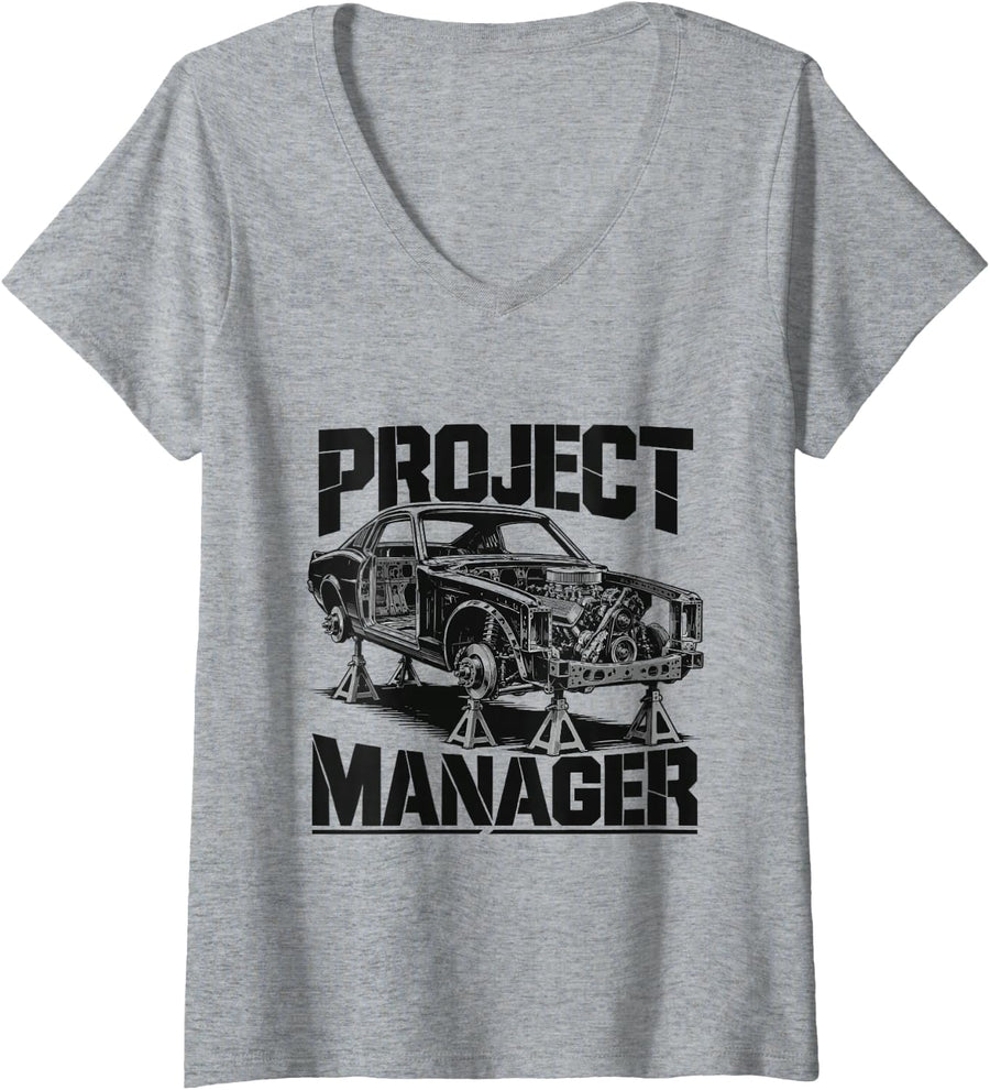 Women's Project Manager Classic Car Restoration Mechanic Design V-Neck T-Shirt - Heather Grey