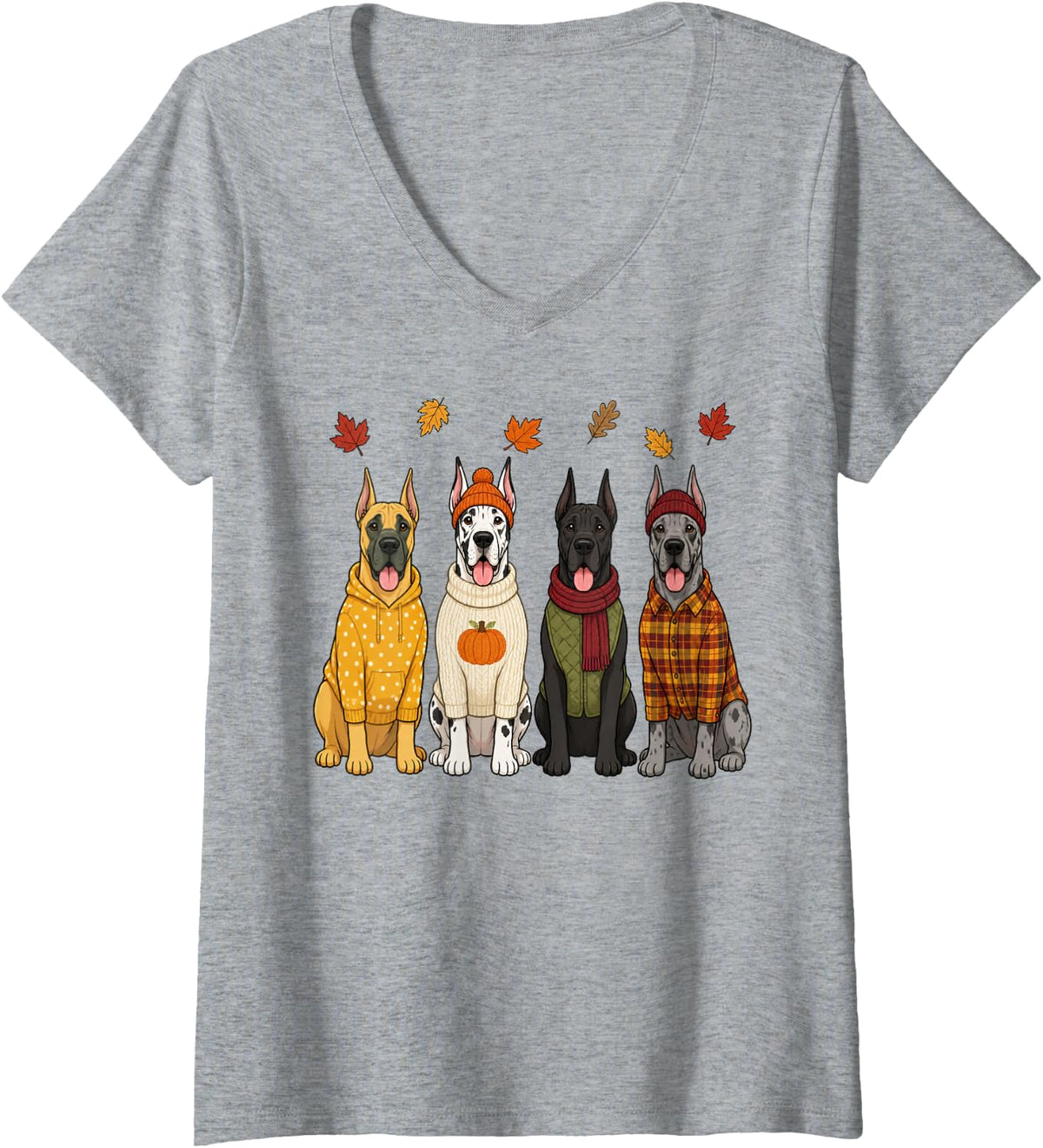 Women's Great Dane Fall Autumn Season Pumpkin Dog V-Neck T-Shirt - Heather Grey