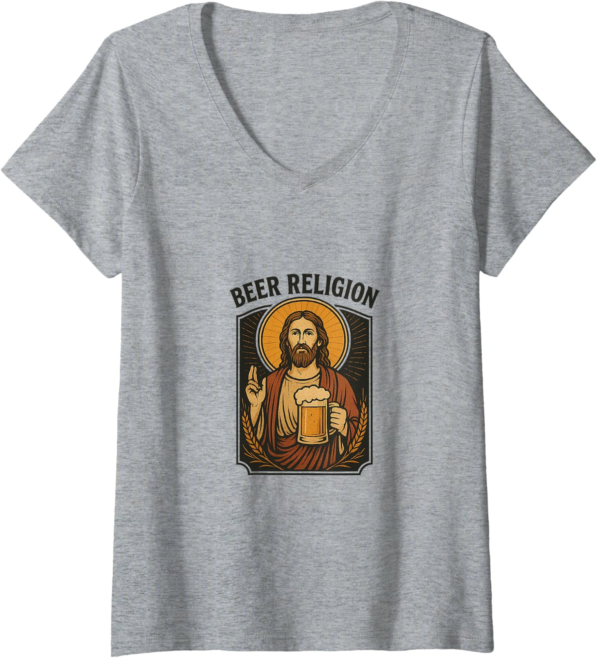 Women's Beer Religion - Funny Jesus Beer Lover Design V-Neck T-Shirt - Heather Grey