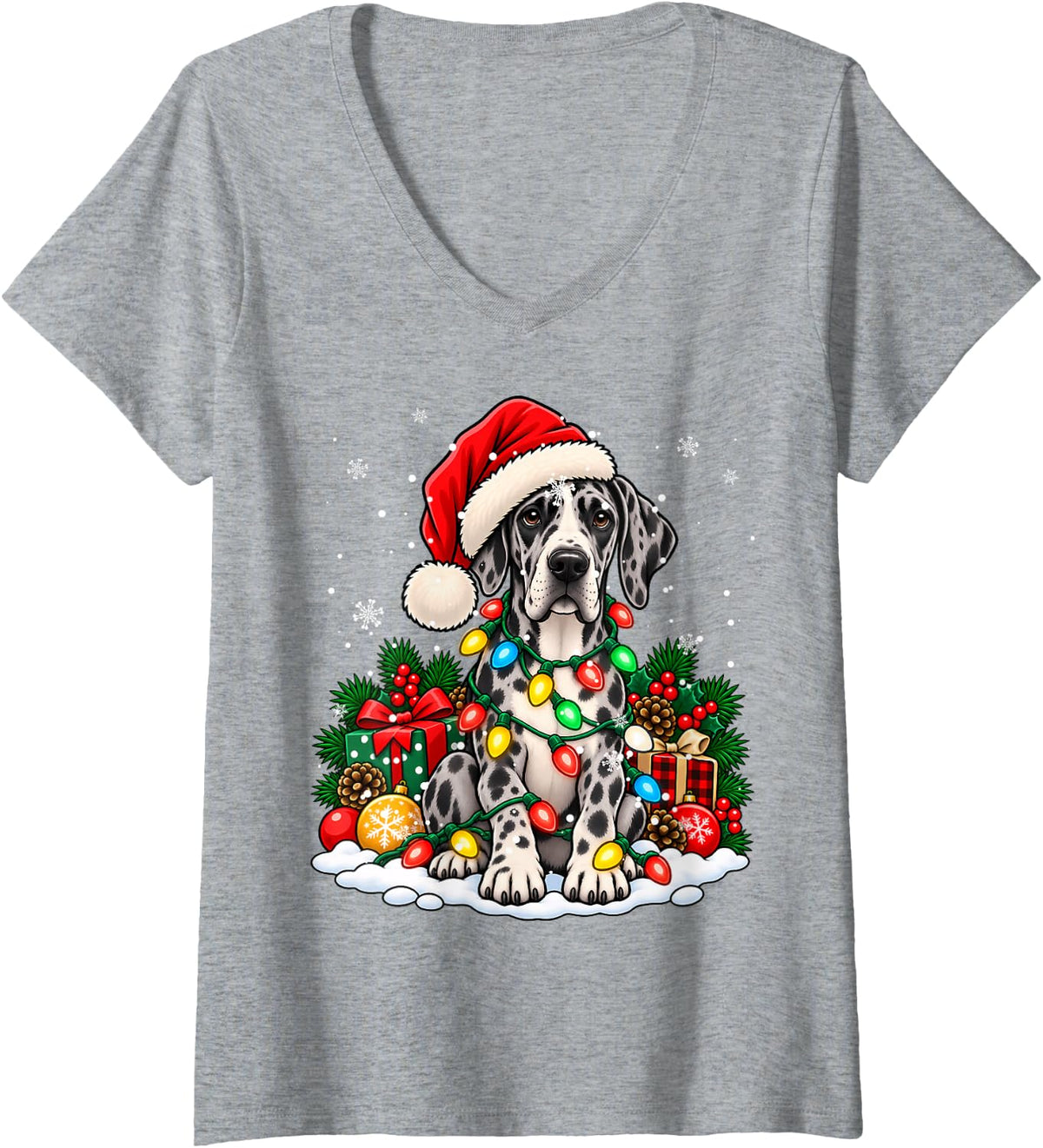 Women's Funny Great Dane Dog Santa Hat Men Women Christmas Xmas V-Neck T-Shirt - Heather Grey