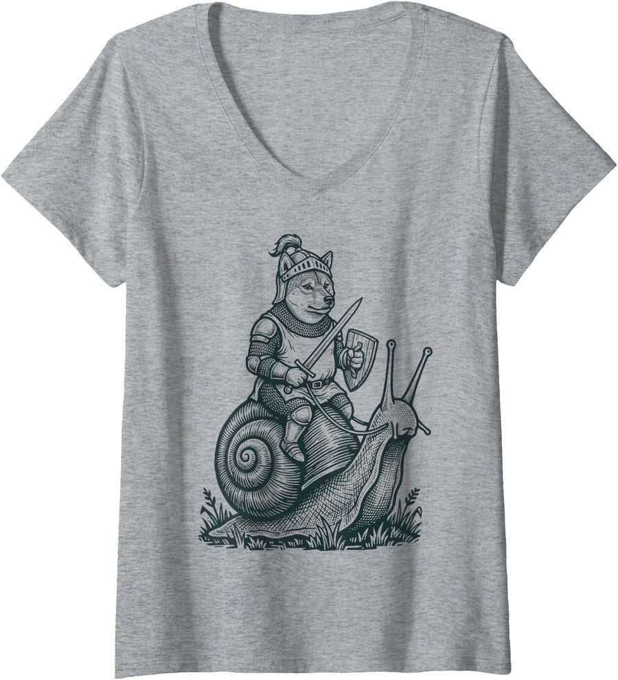 Women's Shiba Inu Snail Medieval V-Neck T-Shirt - Heather Grey