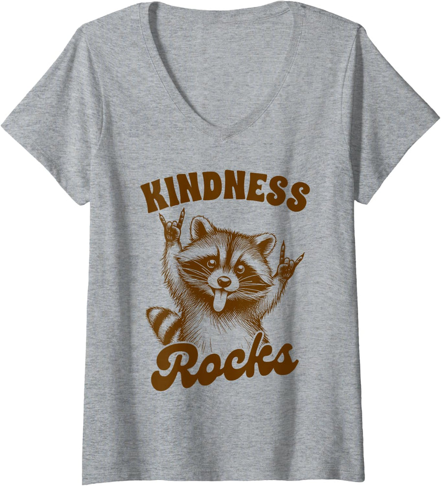 Women's Rock n Roll Racoon Musician Kindness Rocks V-Neck T-Shirt - Heather Grey