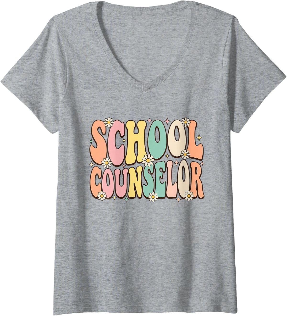 Women's Retro Groovy School Counselor Daisy Teacher Counseling V-Neck T-Shirt - Heather Grey