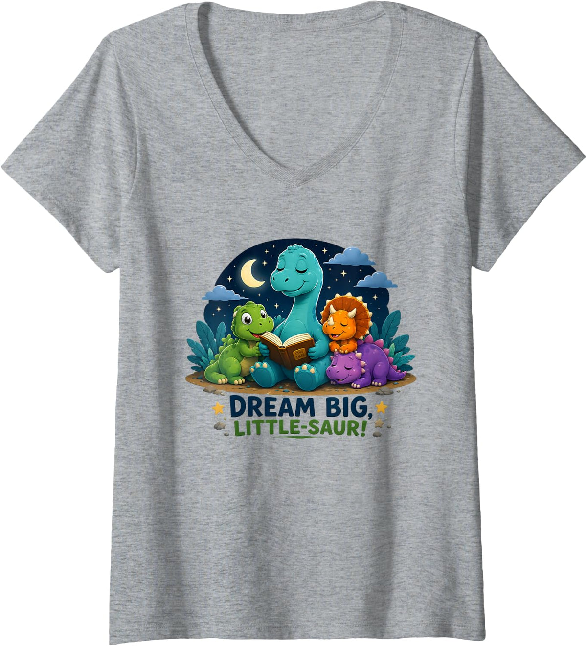 Women's Cute Dinosaur Lover Tee for Kids – Adorable Animal Design V-Neck T-Shirt - Heather Grey