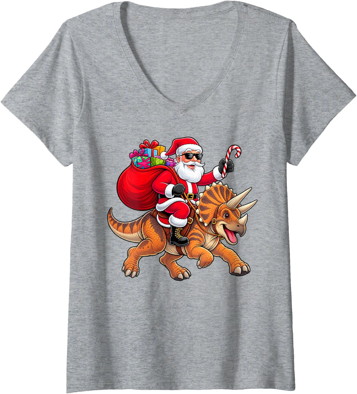 Women's Xmas Santa Riding Dinosaur Lovers Christmas Sweaters T-Rex V-Neck T-Shirt - Heather Grey