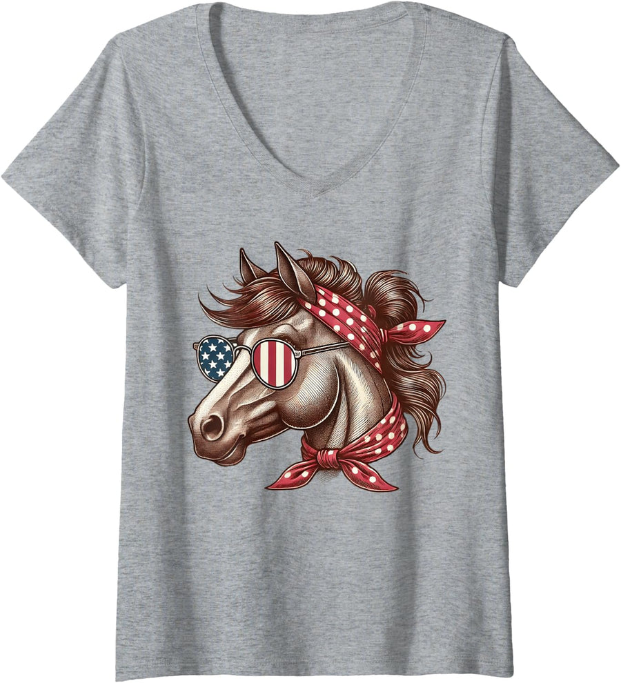Women's Horse 4th of July Shirt Women Girls Horse American USA Flag V-Neck T-Shirt - Heather Grey
