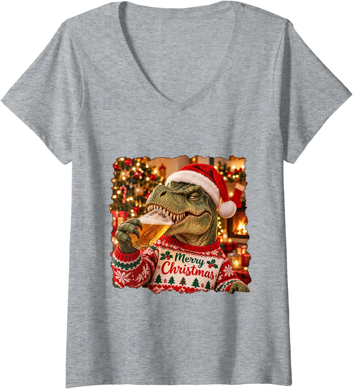 Women's Merry Christmas Dinosaur Lovers Funny Holiday Party V-Neck T-Shirt - Heather Grey